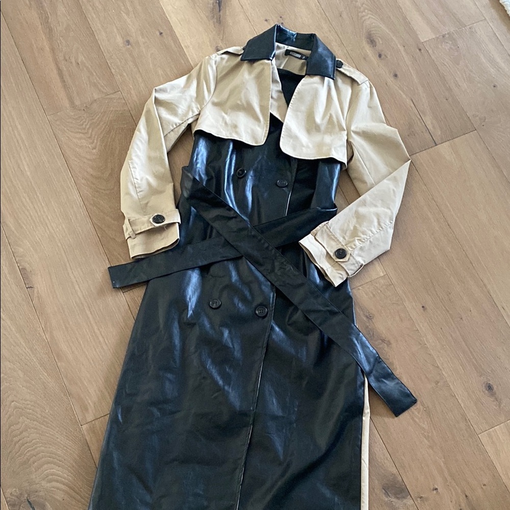 Missguided + Two Toned Faux Leather Trench Coat with Belted Silhouette